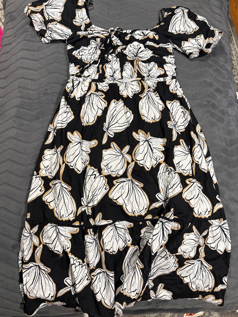 Karl Lagerfeld Black Midi Dress with White & Gold Floral Print